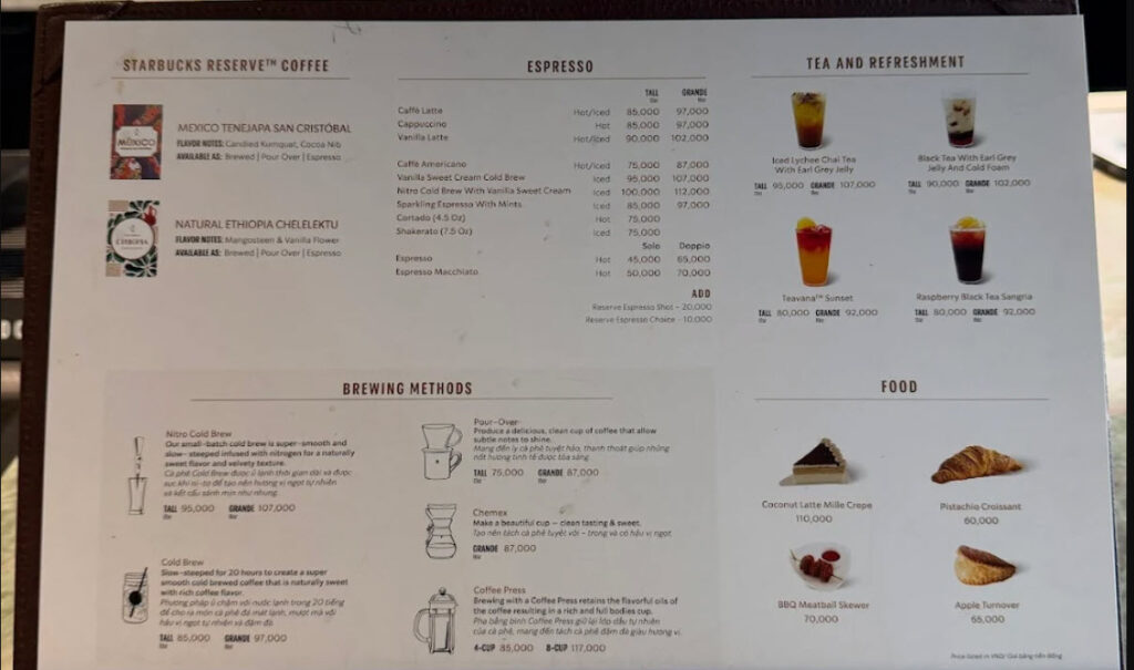 Cập nhật giá Menu Starbucks Việt Nam tiếng Việt mới nhất 2026